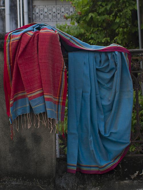 Blue Pakwan Cotton Saree With Striped Aanchal - Cotton Koleksi