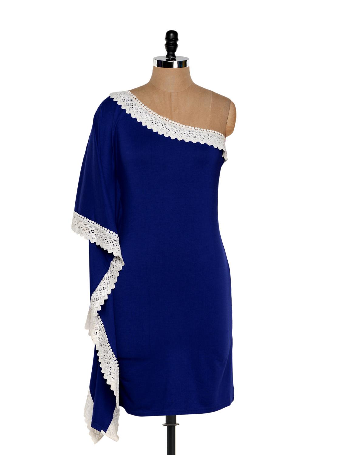 Blue Off-shoulder Asymmetrical Dress With Lace Border - Eavan