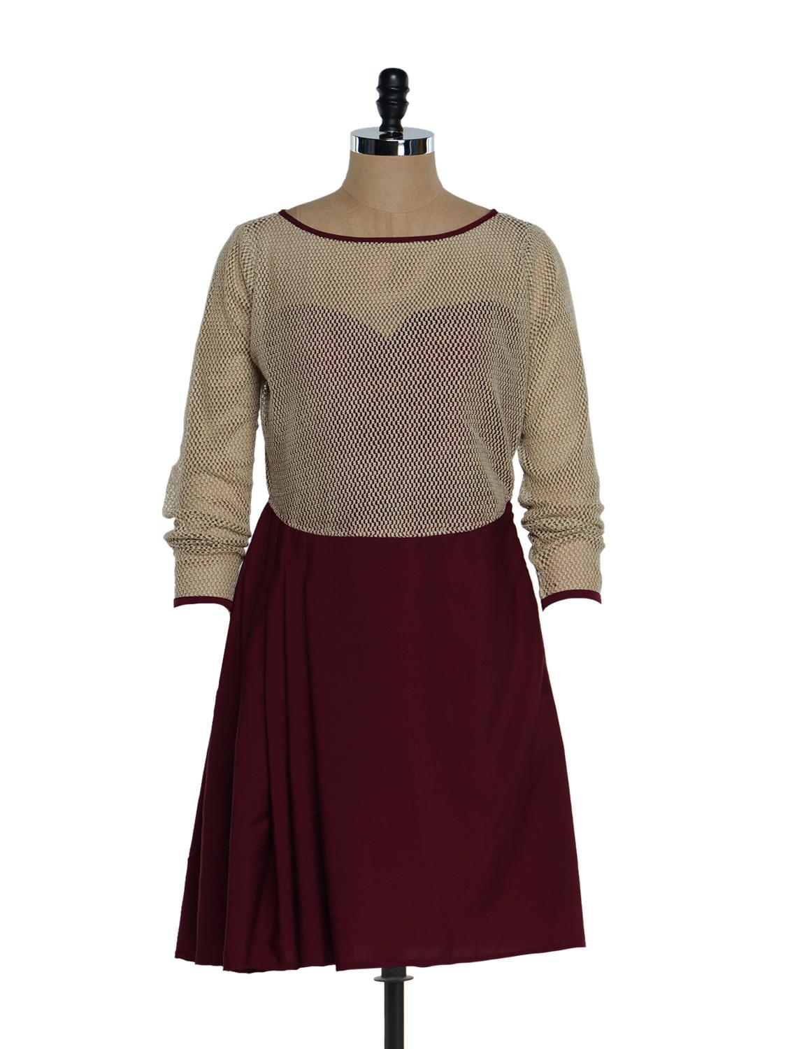 Maroon Skater Dress With A Beige Cotton Lace Top - Eavan