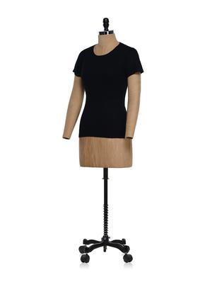 Basic black round neck cotton viscose top - 864449 - Standard Image - 2