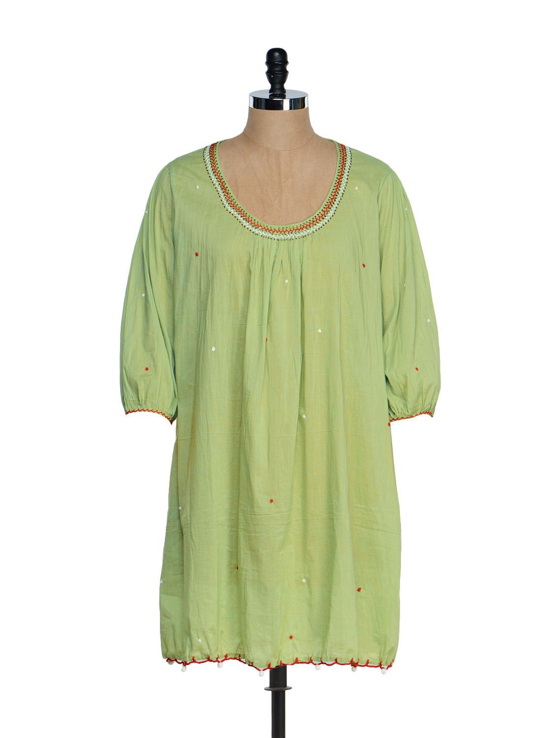 Lime Green Full Sleeved Tunic With Thread Embroidered Neck - Tops And Tunics