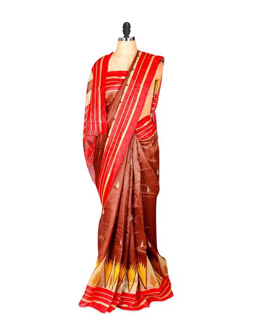 Glossy Brown And Red Printed Saree - Saraswati