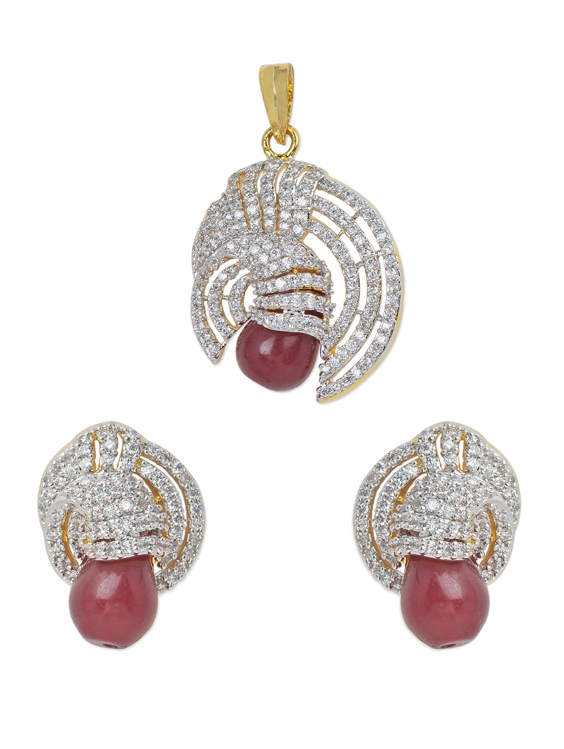 Pendant Set With American Diamond And Ruby Drops - Mirage Creations