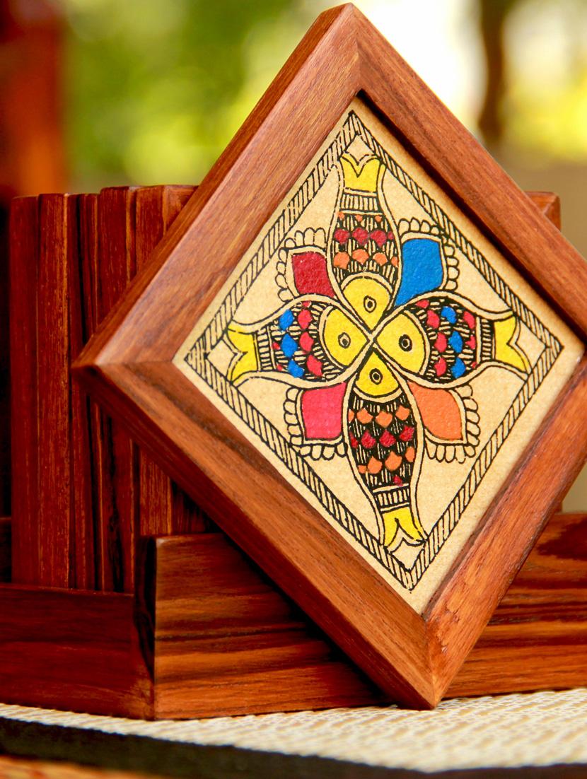 Madhubani Painted Wooden Coaster (Set Of 6) - Unravel India
