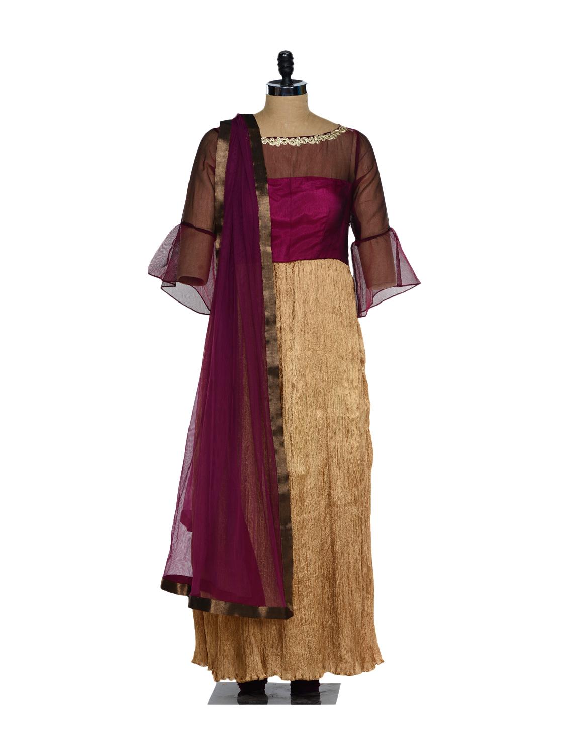 Unique Plum Yoke With Netted Sleeves And A Crushed Golden Base Kurta With Churidaar And Net Dupatta - Nataasha Dubliish