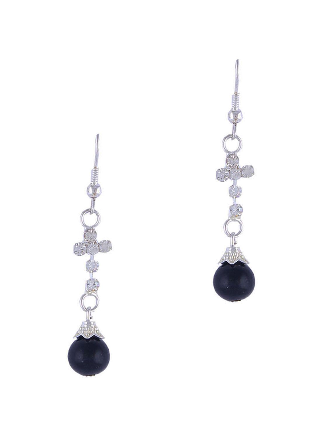 SILVER LONG EARRINGS WITH BLACK BEADS - THE BLING STUDIO