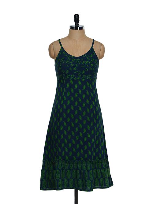 Stylish Navy Blue And Green Printed Cotton Kurta With A Frill Base - Desiweaves