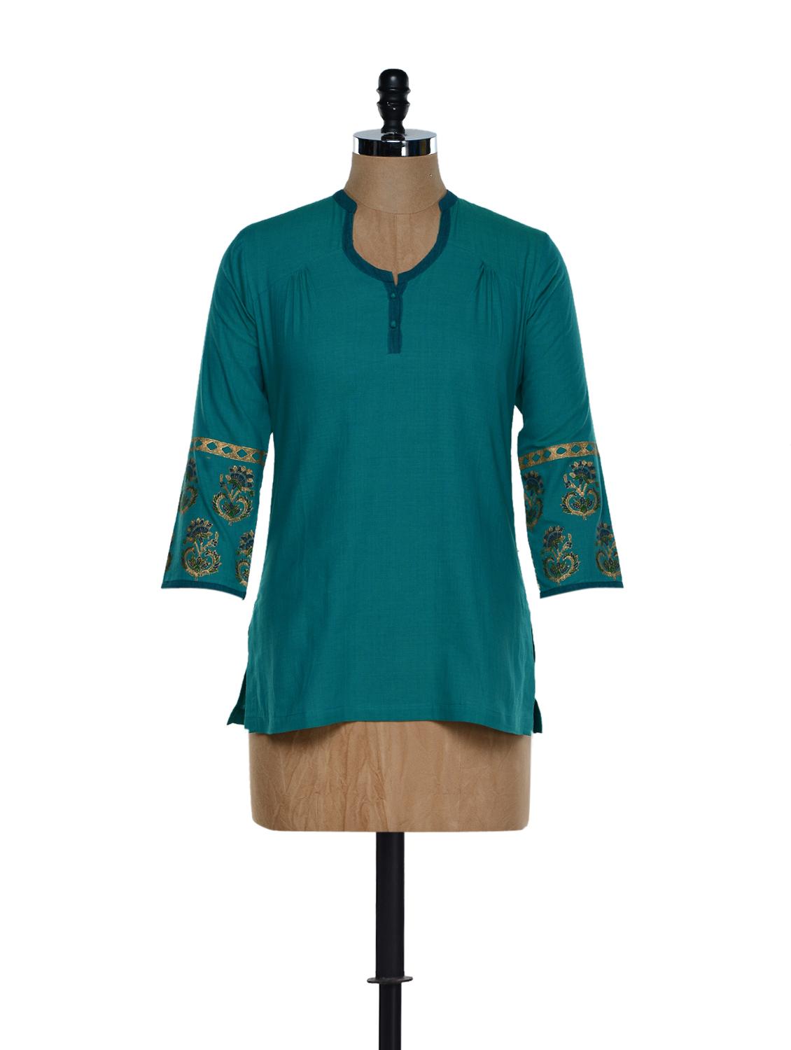 Elegant Turquoise Blue Cotton Tunic With Block Prints On The Sleeves - 9rasa
