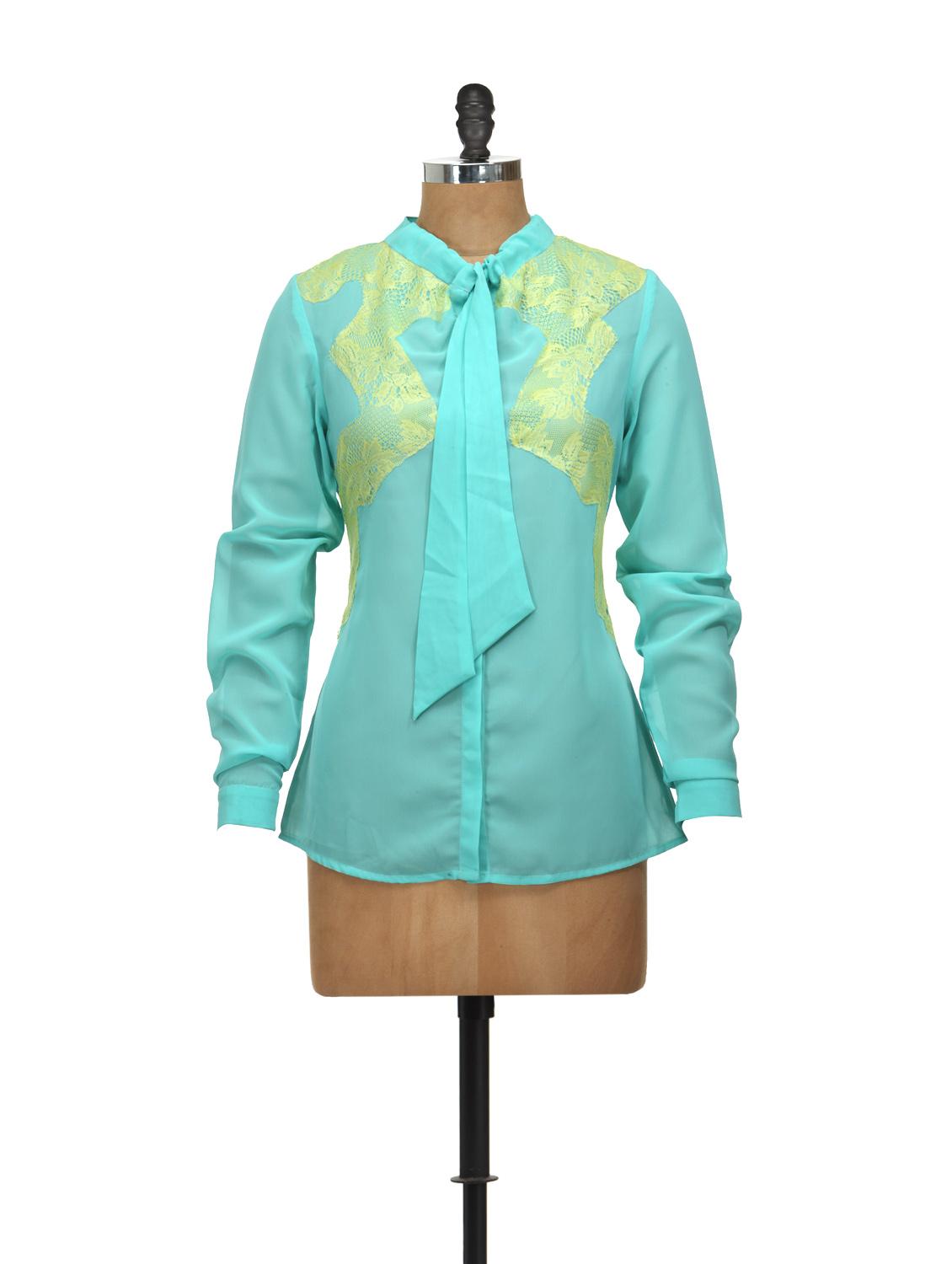 Light Blue Full-sleeved Bow-tie Shirt - L'elegantae