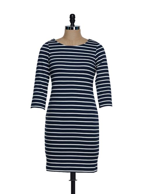 Navy Blue And White Striped Full-sleeved Dress - KAXIAA