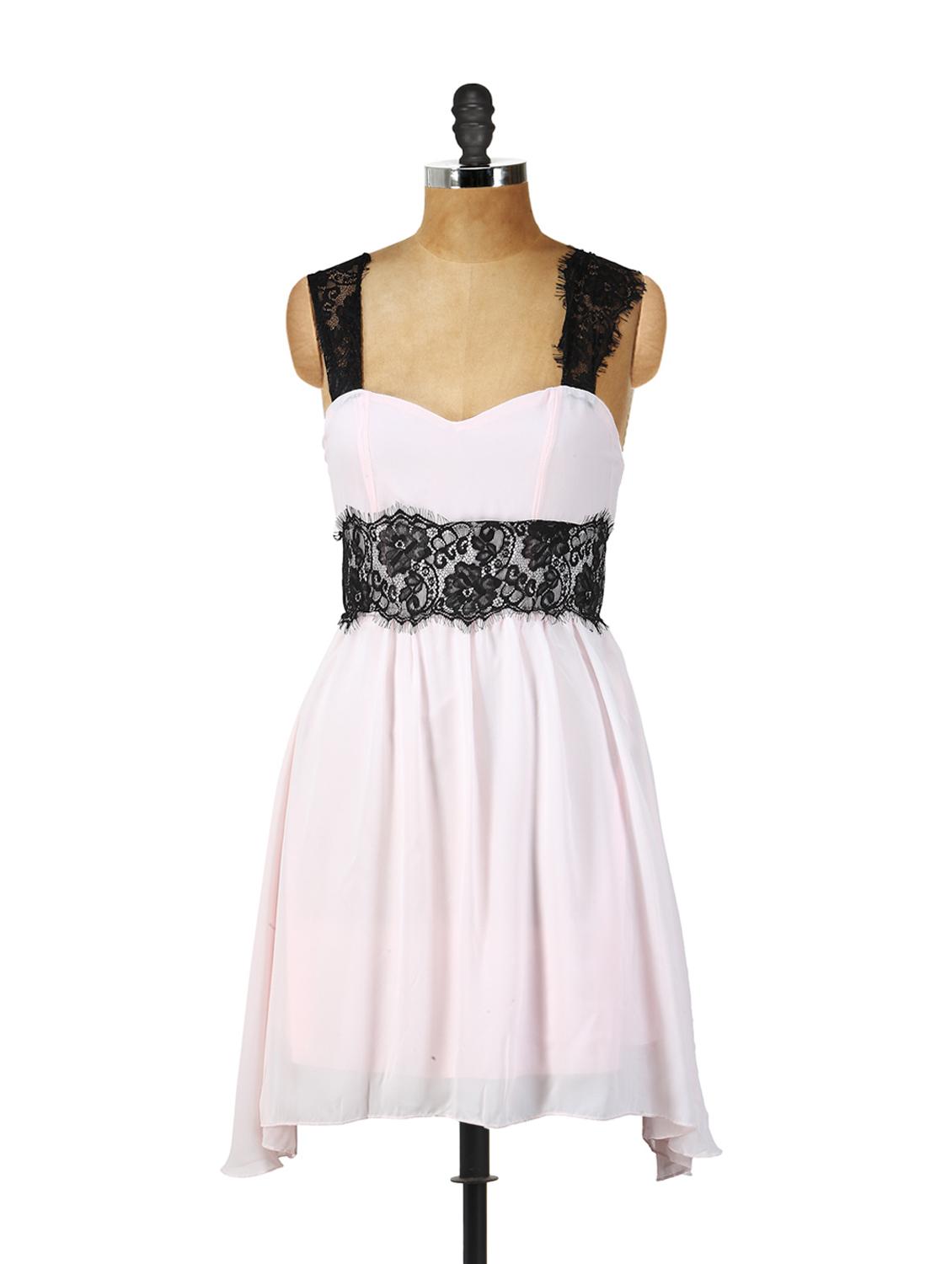 Baby Pink Dress With Black Lace Detailing - Ruby