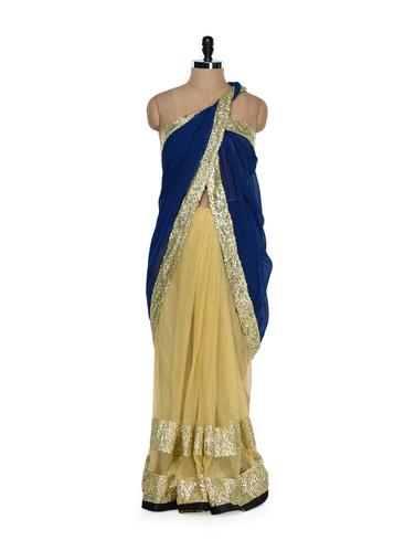Blue and gold luxe evening saree