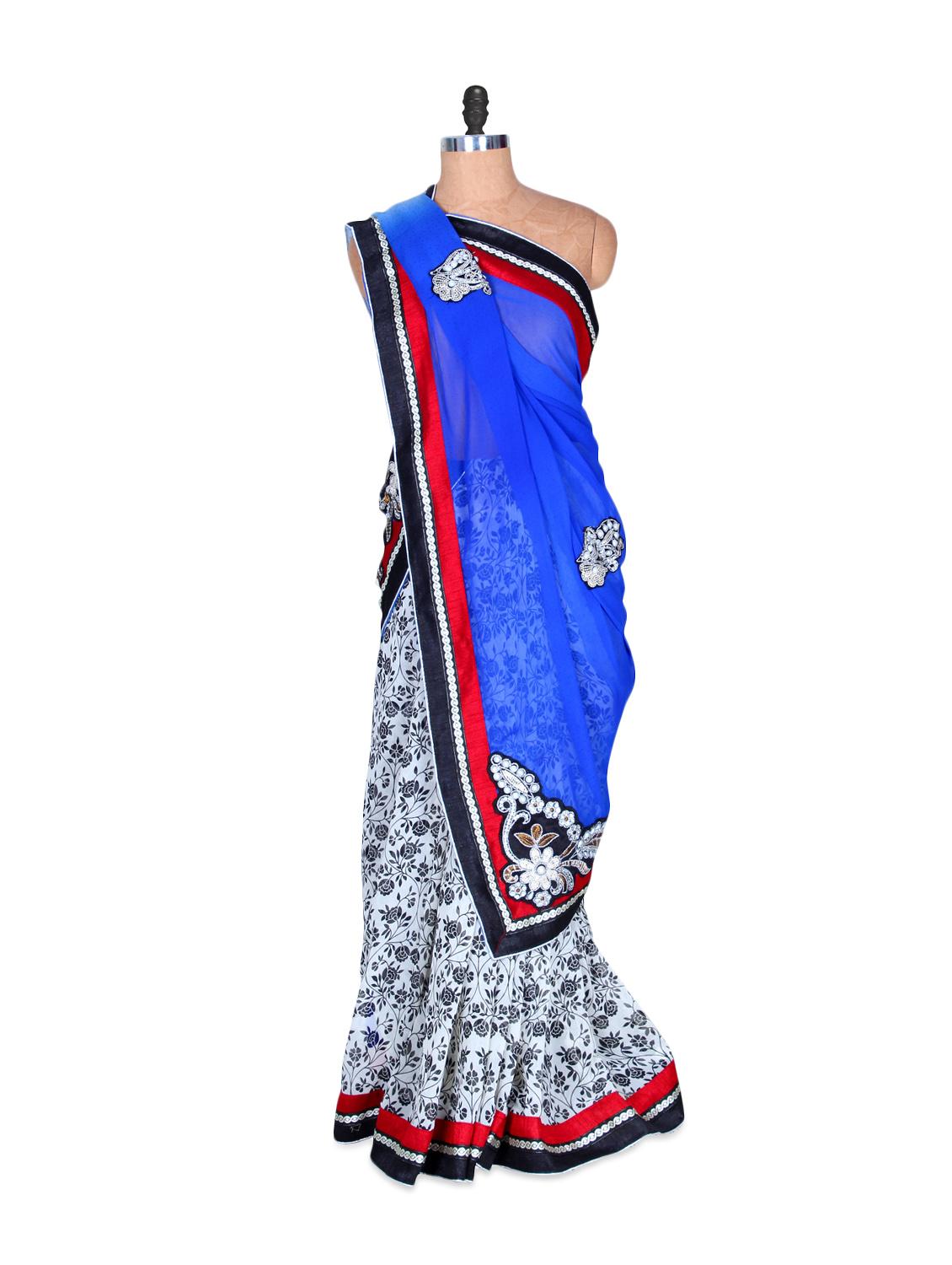 White And Blue Floral Art Silk Saree, With Matching Blouse Piece - Saraswati