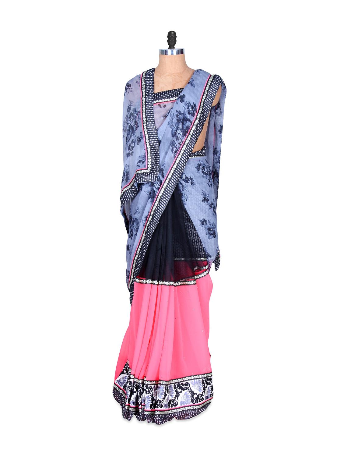 Greyish Blue And Pink Printed Art-silk Saree, With Matching Blouse Piece - Saraswati
