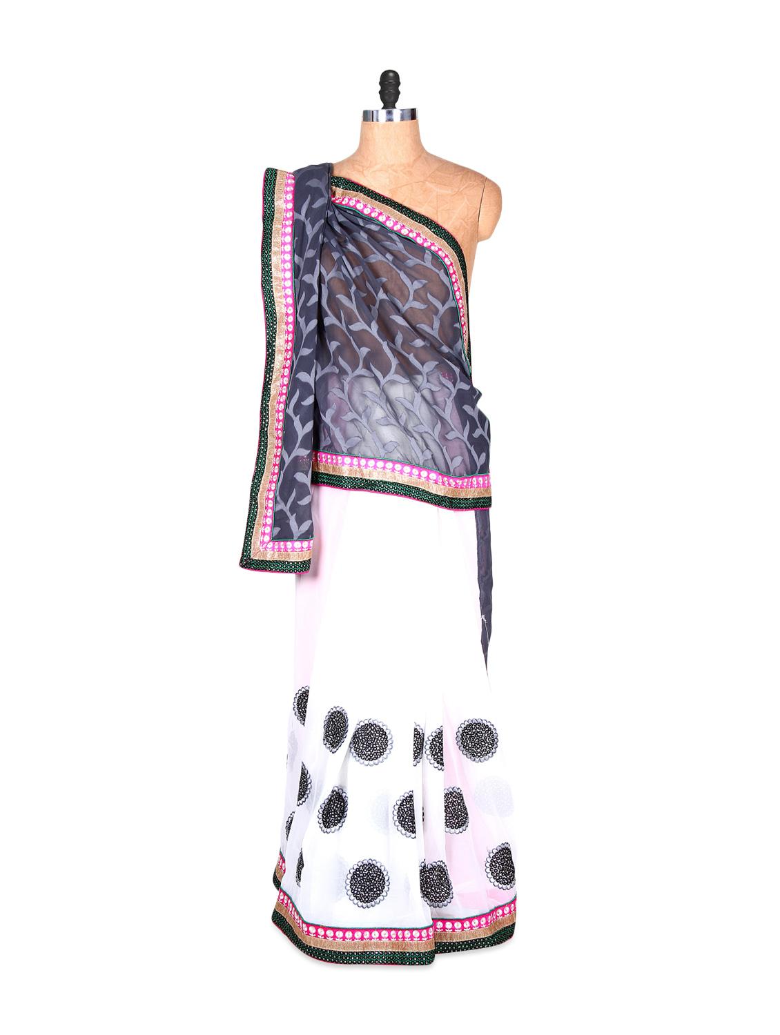 White And Grey Printed Art Silk Saree, With Matching Blouse Piece - Saraswati