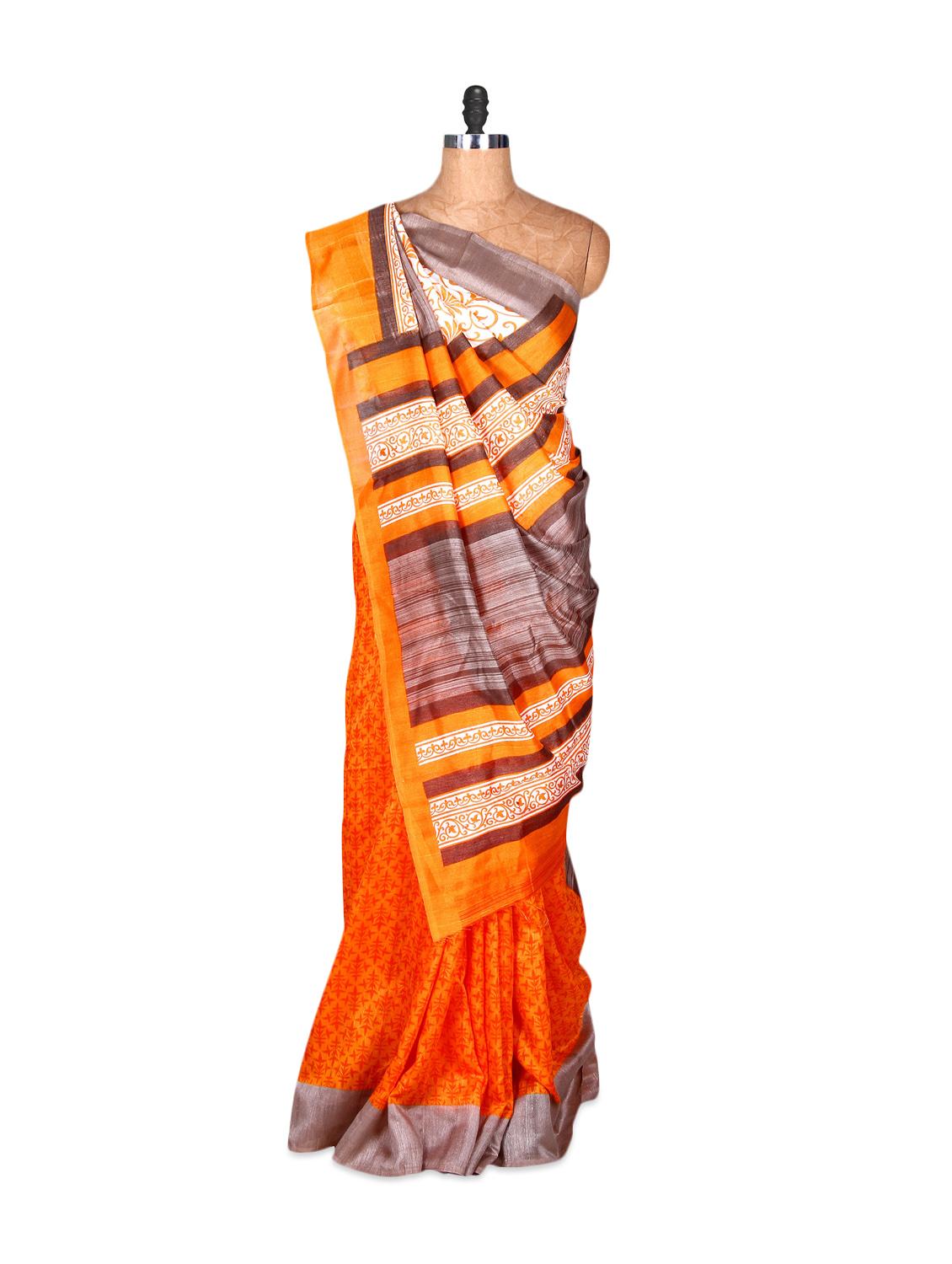Orange And Grey Bhagalpuri Silk Saree In Printed Fabric, With Matching Blouse Piece - Saraswati