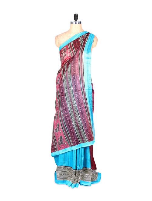 Sky Blue And Bhagalpuri Art Silk Printed Fabric Saree, With Matching Blouse Piece - Saraswati