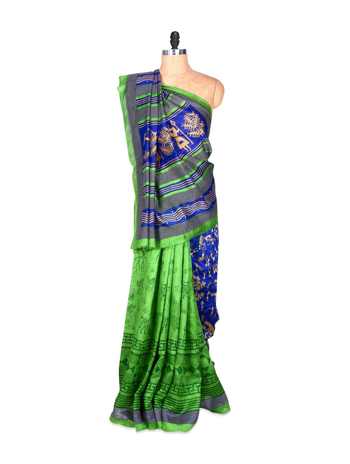 Blue And Green Bhagalpuri Art Silk Printed Fabric Saree, With Matching Blouse Piece - Saraswati