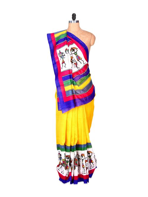 Yellow Bhagalpuri Art Silk Printed Fabric Saree With A Multi-coloured Aanchal, With Matching Blouse Piece - Saraswati