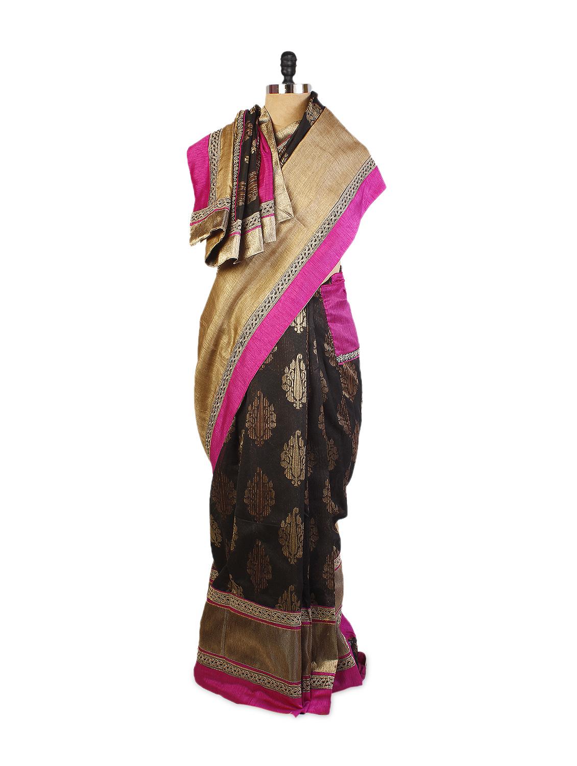 Pretty Pink And Black Art Silk Saree With Zari Embroidered And Patch Border, A Tussar Art Silk Blouse. - Drape Ethnic