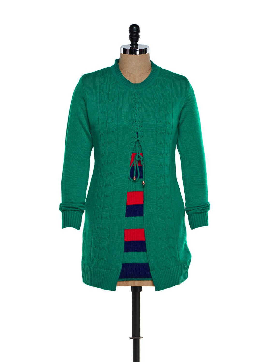 Green Front Open Woolen Top With A Blue And Yellow Stripes - TAB91