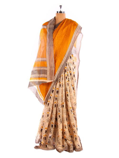 Peach And Orange Bhagalpuri Silk Saree - Riti Riwaz