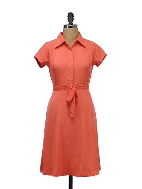 Coral Tie-up Waist Casual Dress - Meira