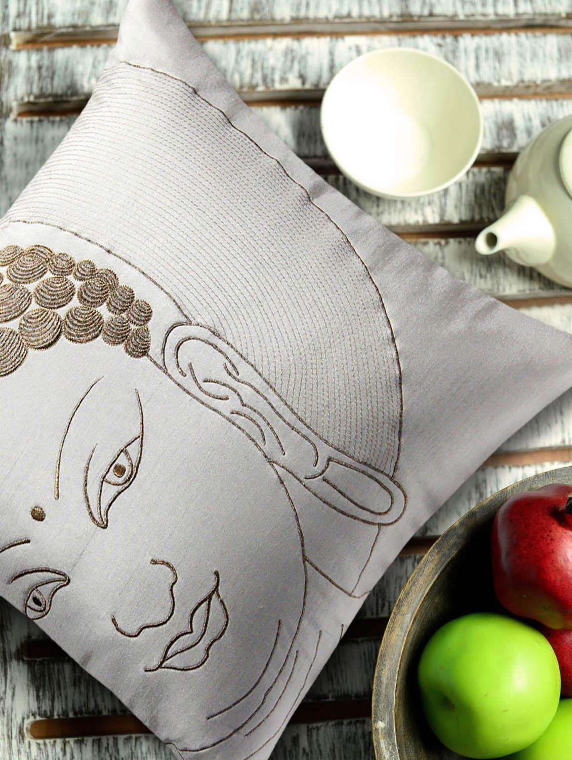 Buddha Face Embroidered White And Gold Cushion Cover - 13 Odds