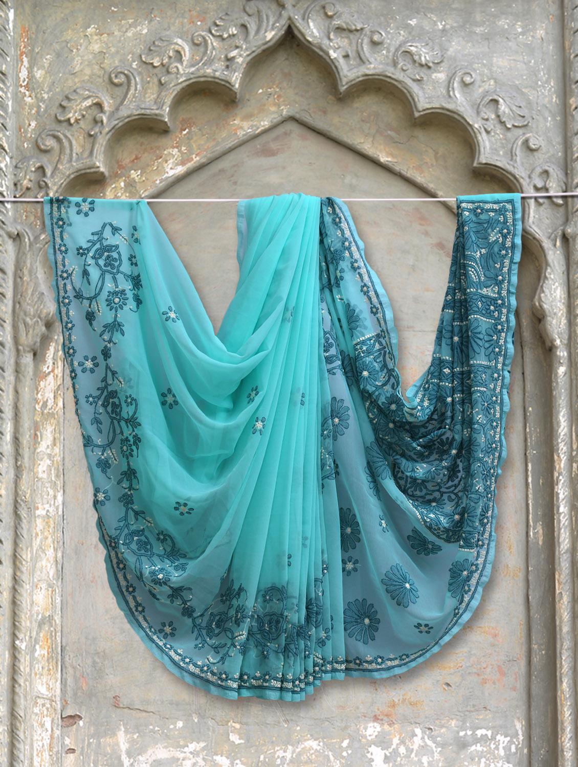 Sky Blue Chikankari Saree - Ada