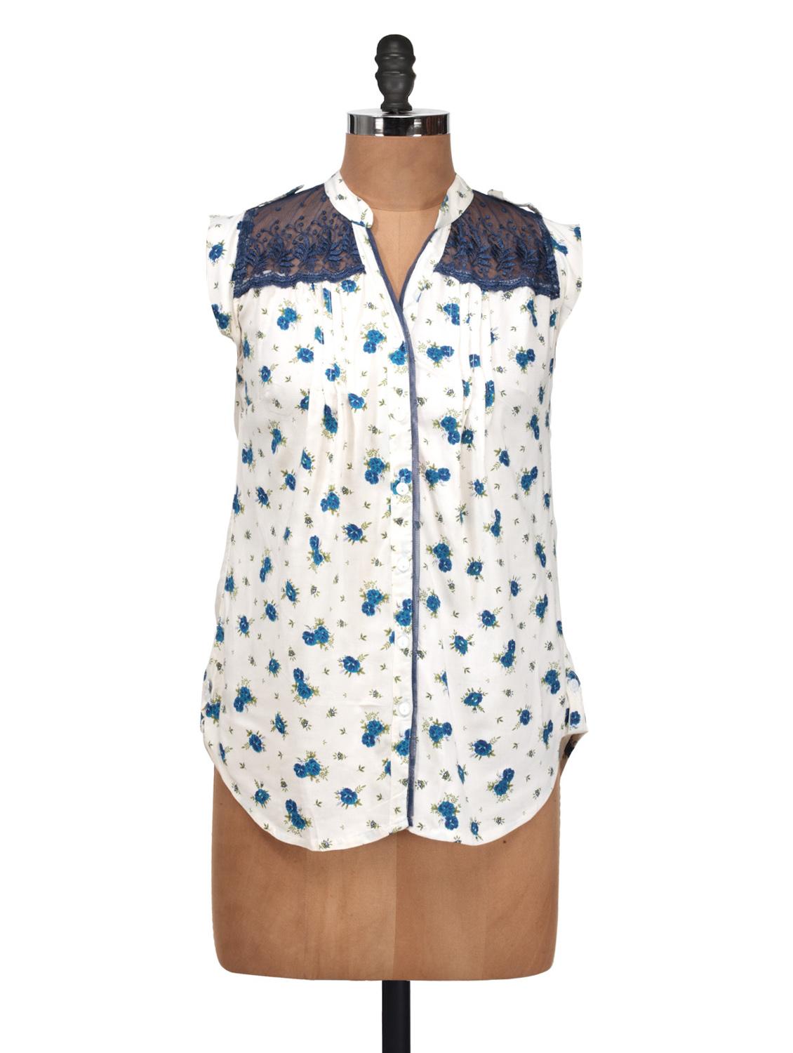 Stylish White Floral Printed Sleeveless Top With Lace Detailing - Silk Weavers