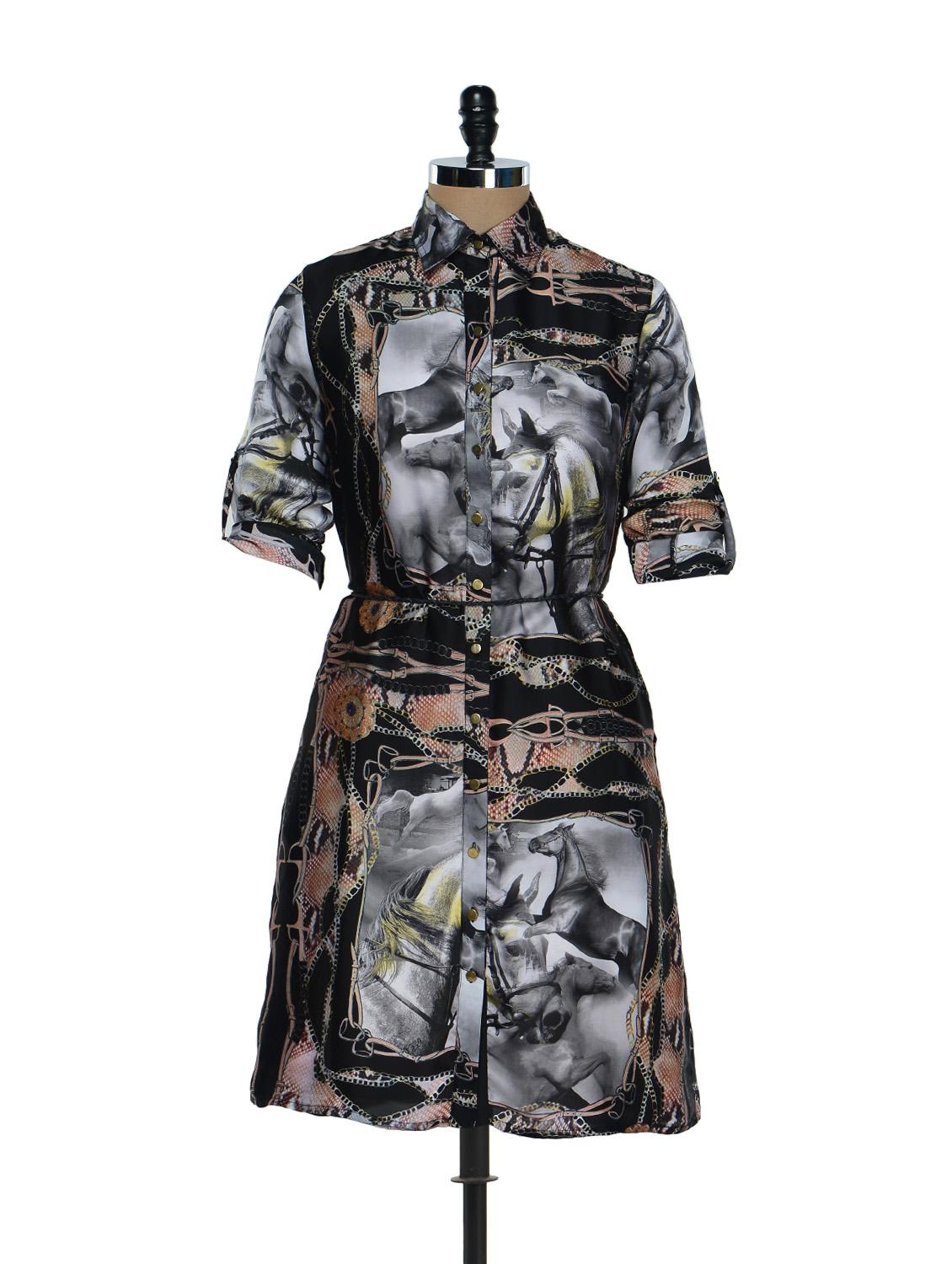Horse Print Graphic Shirt Dress - RENA LOVE