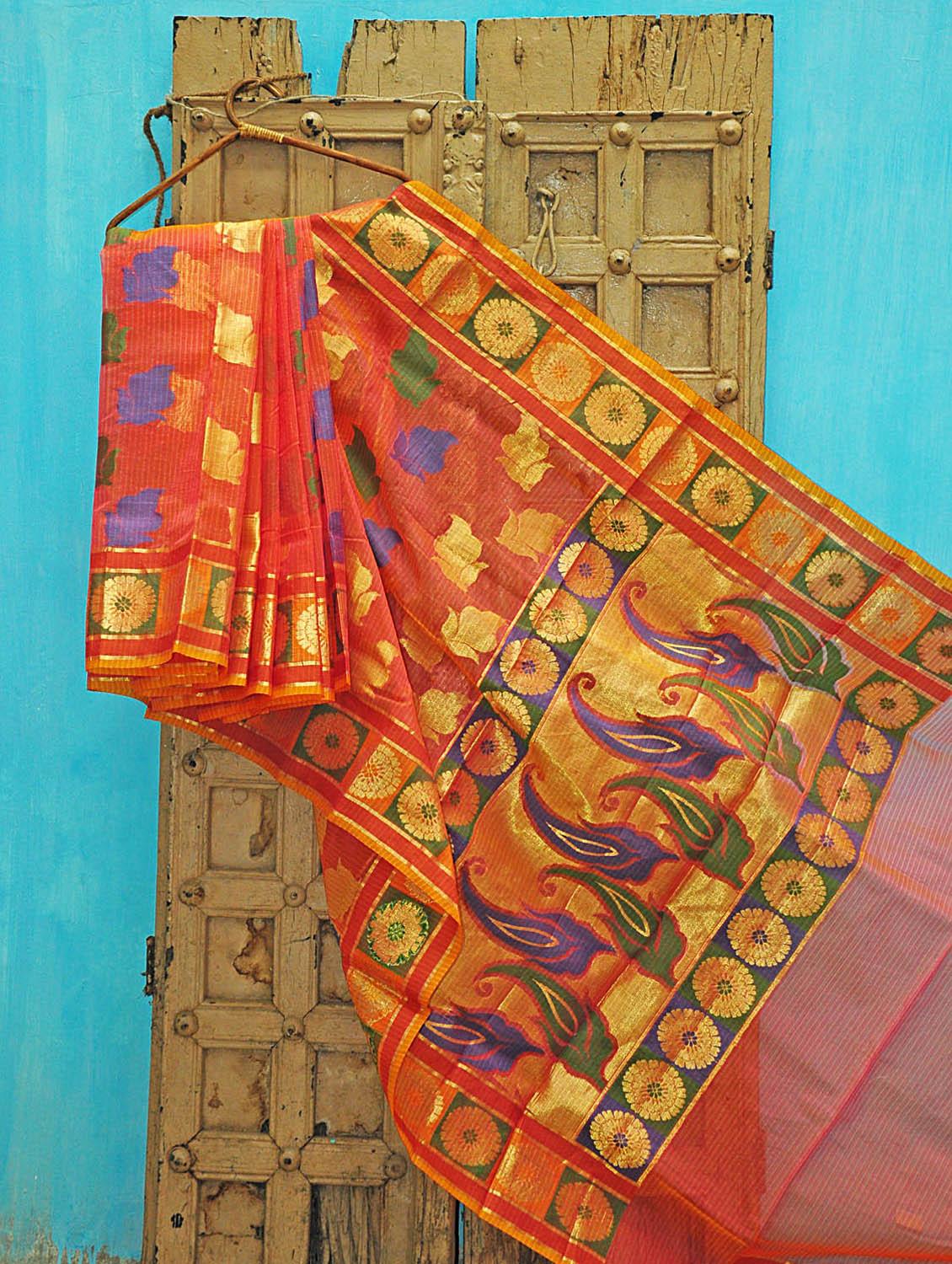 Pink And Orange Kora Silk Saree - KAASI