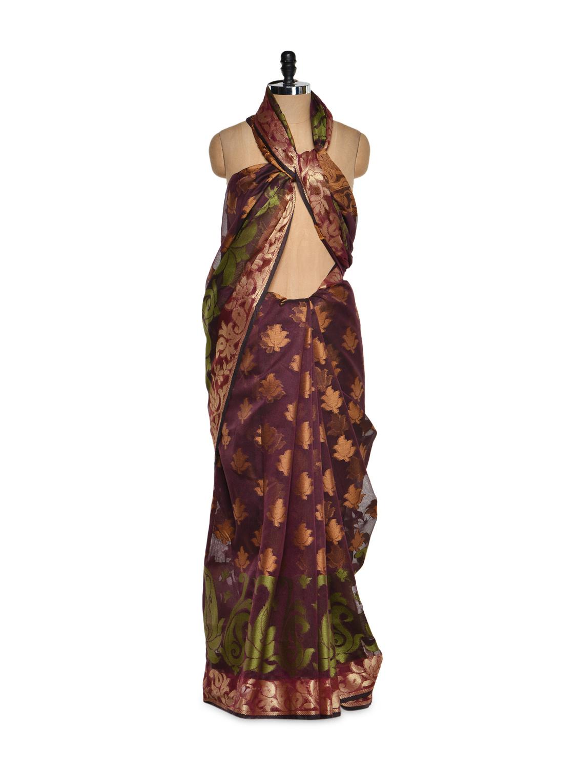 Wine Cotton Silk Saree With Zari Work - Bunkar
