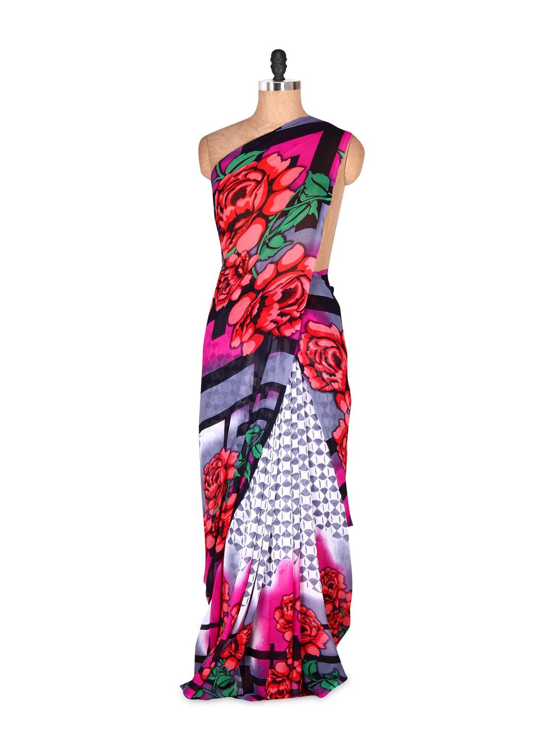 Attractive Pink And Grey Floral Printed Art Silk Saree With Matching Blouse Piece - Saraswati