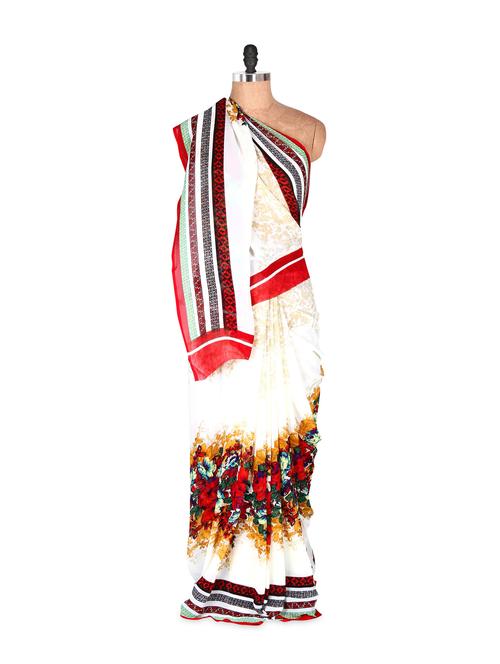 Gorgeous White Floral Printed Art Silk Saree With Matching Blouse Piece - Saraswati