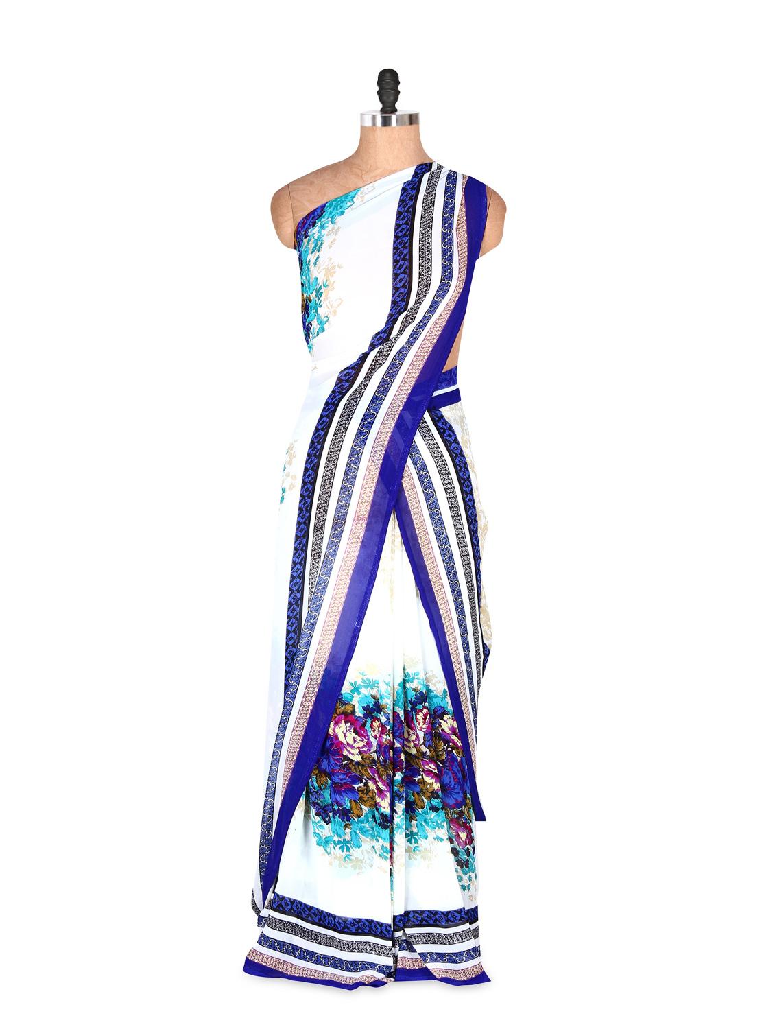 Amazing Blue And White Floral Printed Art Silk Saree With Matching Blouse Piece - Saraswati