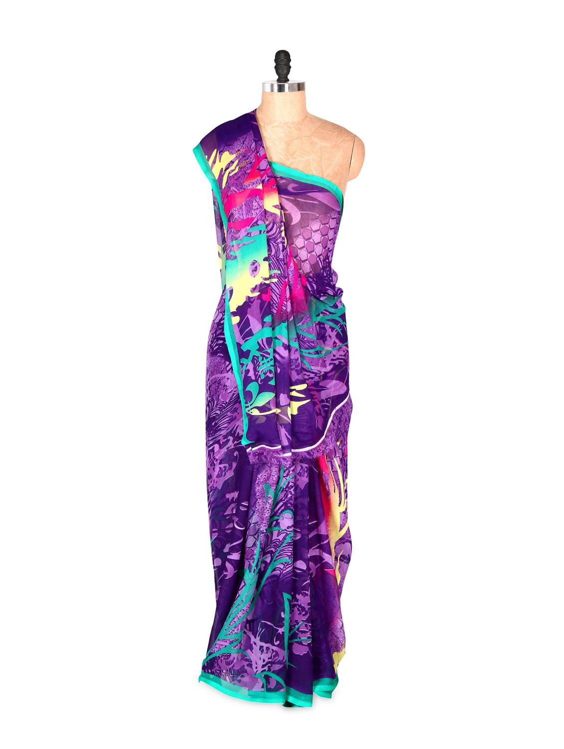 Gorgeous Purple Printed Art Silk Saree With Matching Blouse Piece - Saraswati