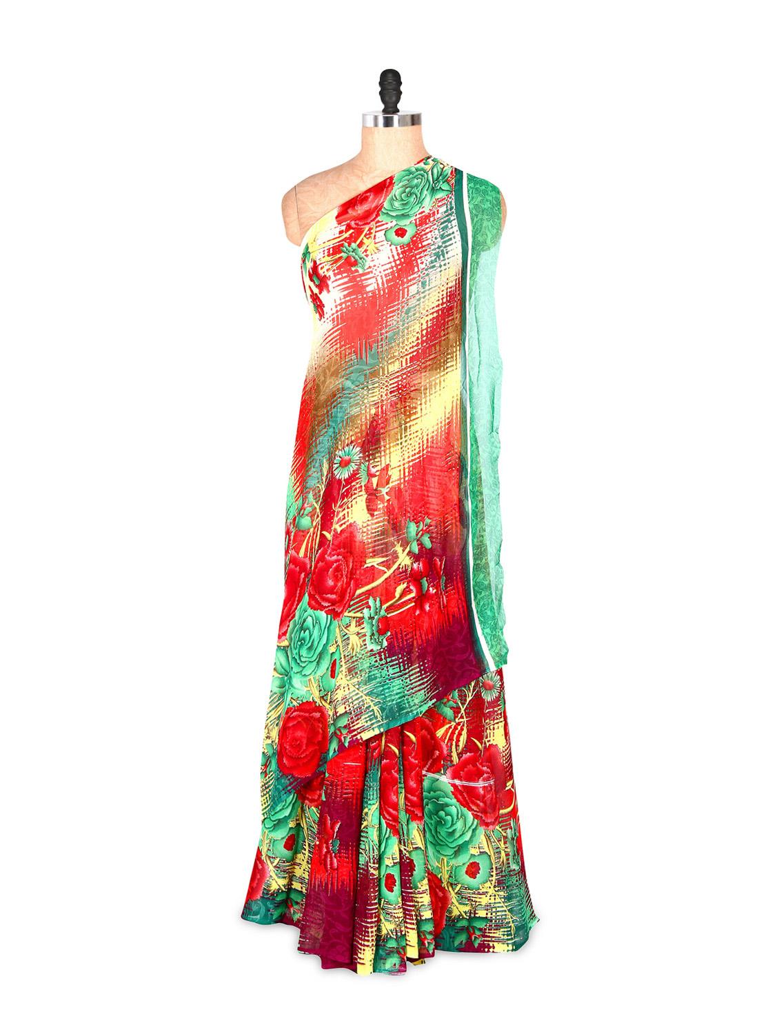 Gorgeous Floral Printed Red And Green Art Silk Saree With Matching Blouse Piece - Saraswati