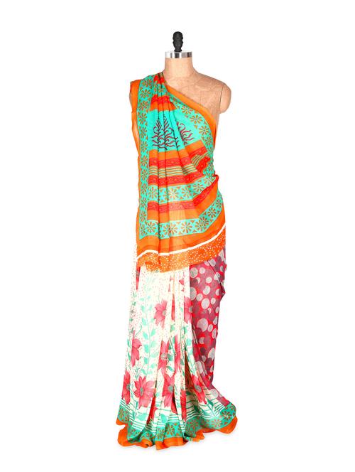 Graceful Orange And Green Printed Art Silk Saree With Matching Blouse Piece - Saraswati