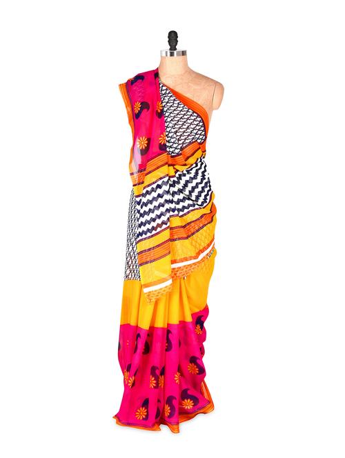 Amazing Yellow And Pink Printed Art Silk Saree With Matching Blouse Piece - Saraswati