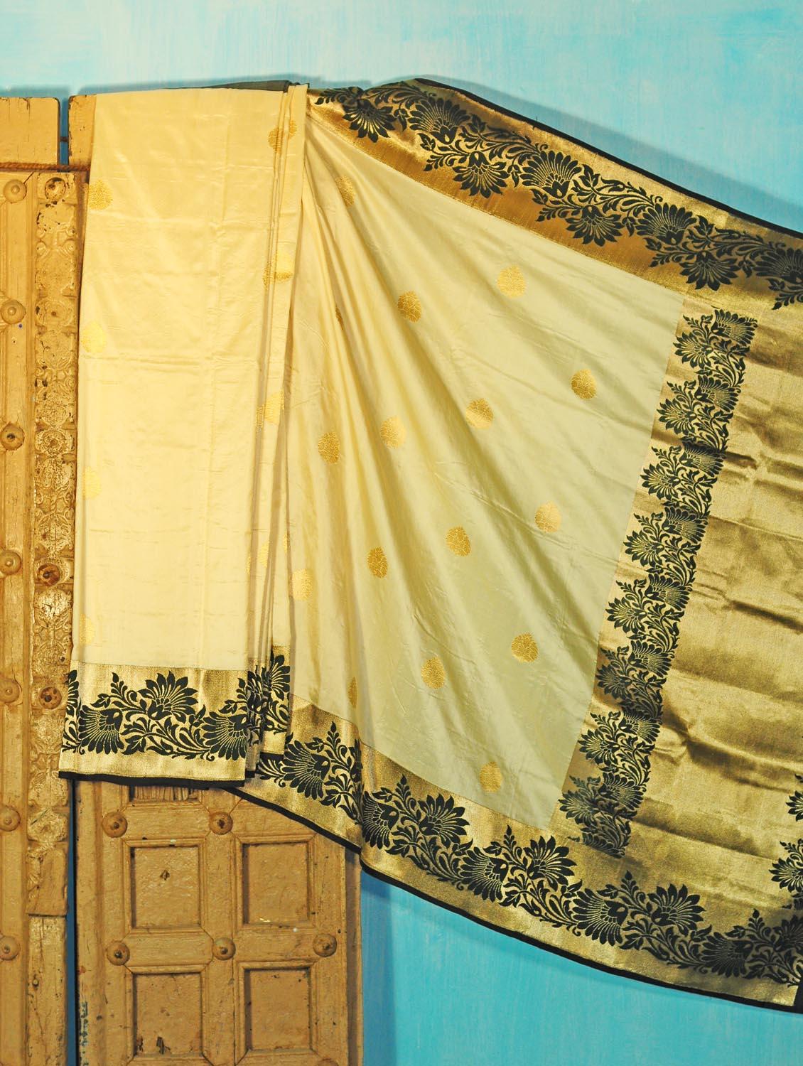 Cream And Black Benarsi Silk Saree - KAASI