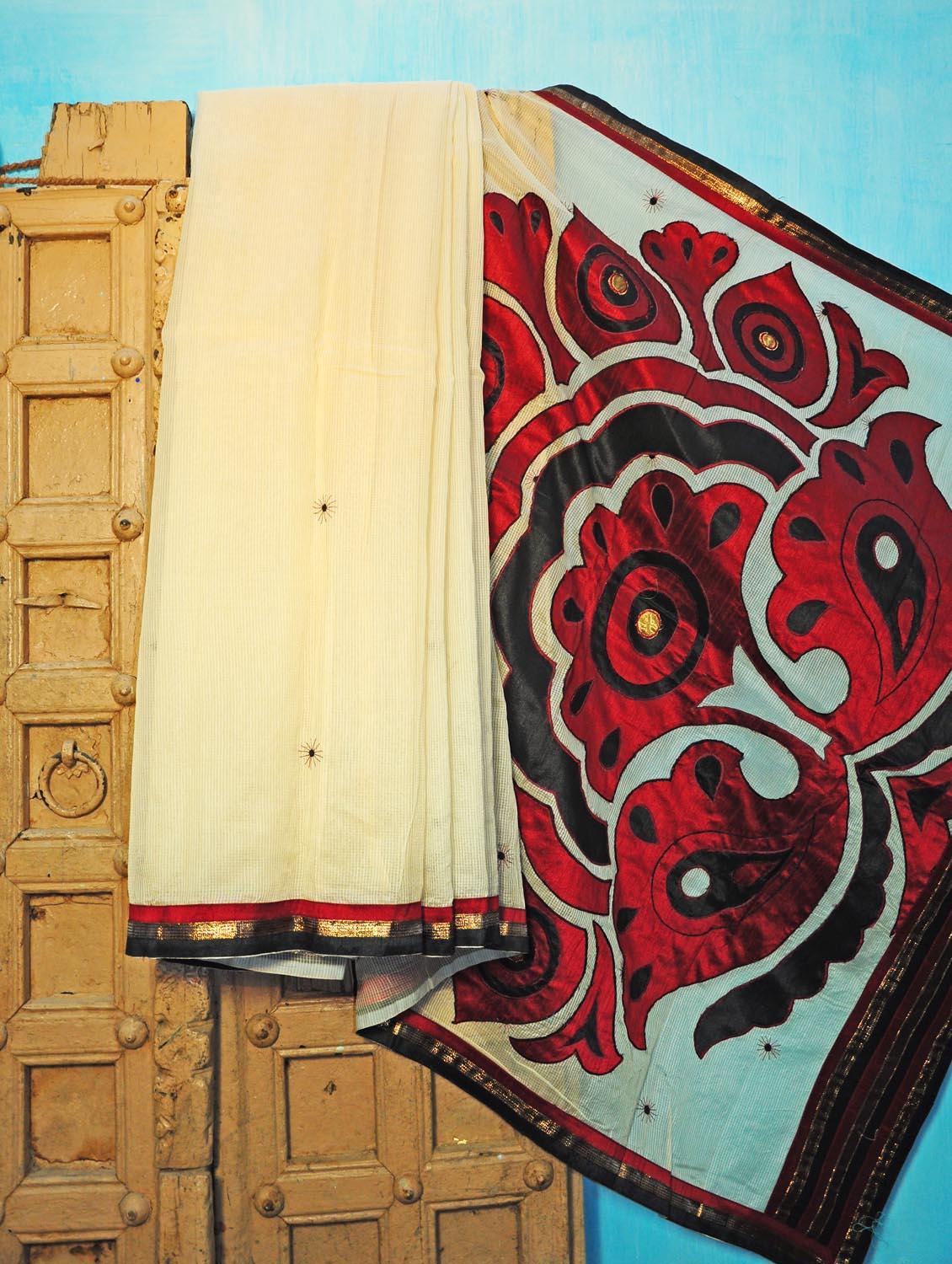 Cream, Black And Maroon Benarsi Net Saree - KAASI
