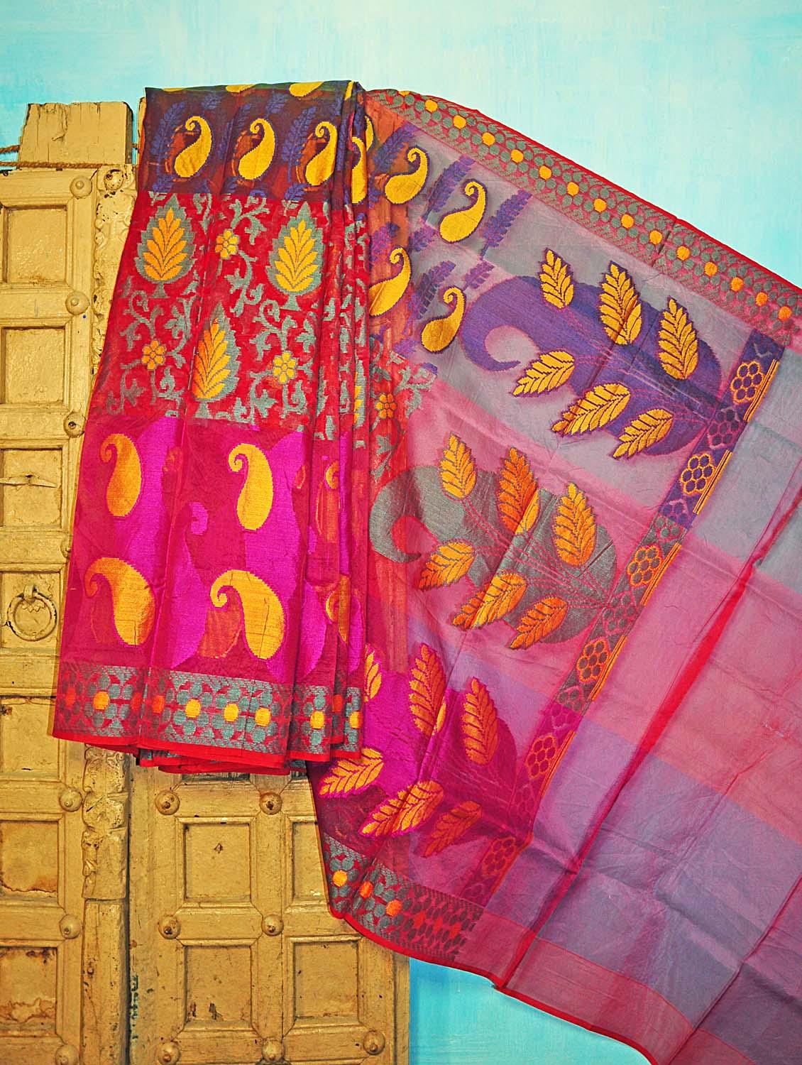 Bright Pink And Yellow Benarsi Net Saree - KAASI