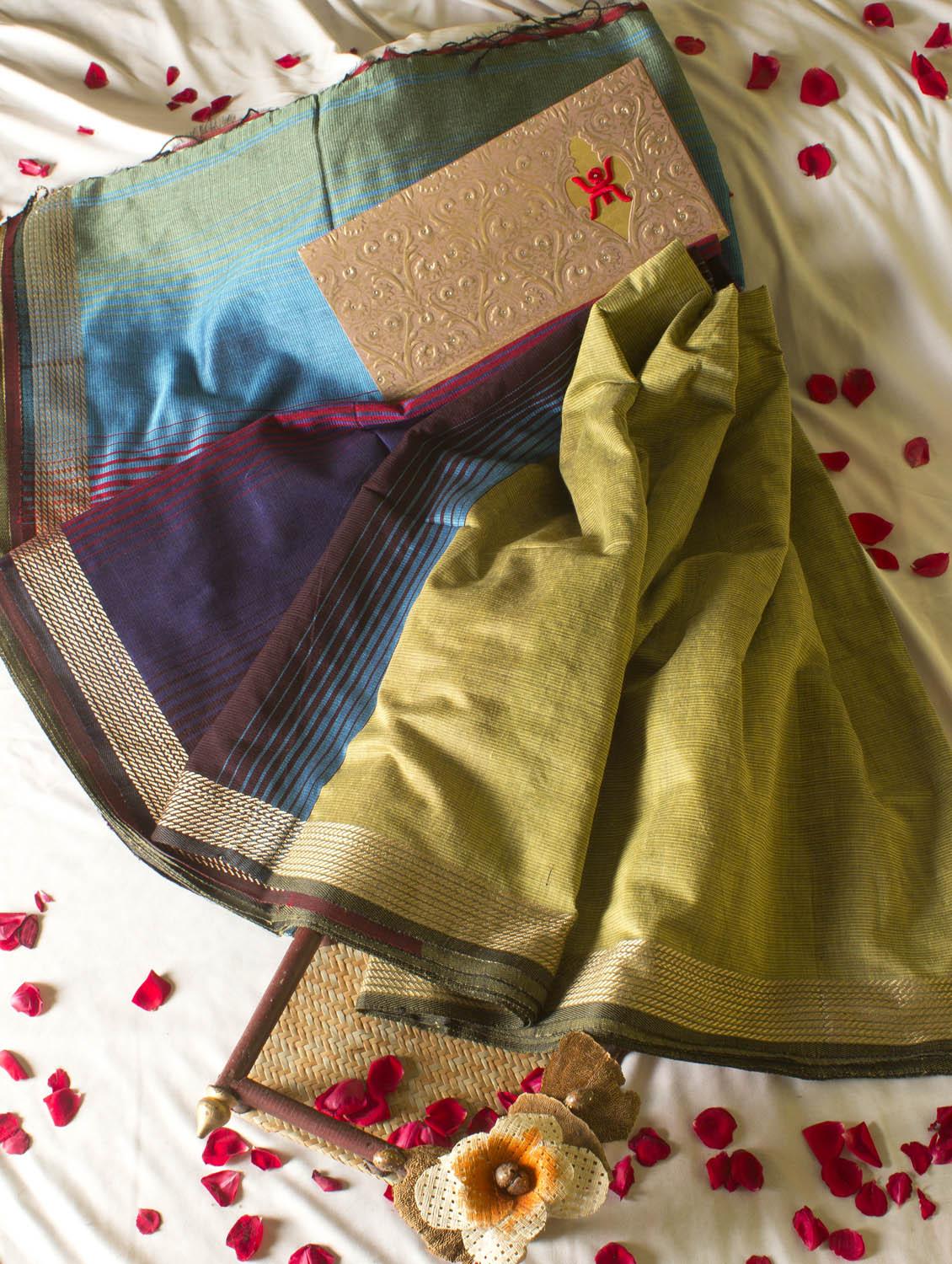 Vibrant Pista Green Saree With Colourful Aanchal - Cotton Koleksi