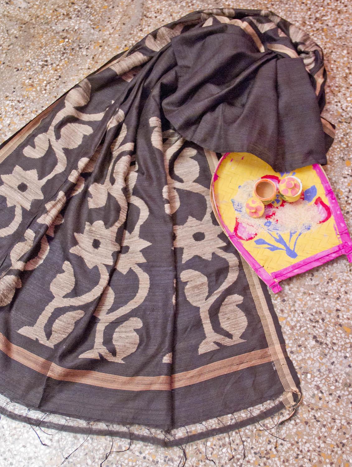 Black And Beige Saree With Gheecha Aanchal - Cotton Koleksi
