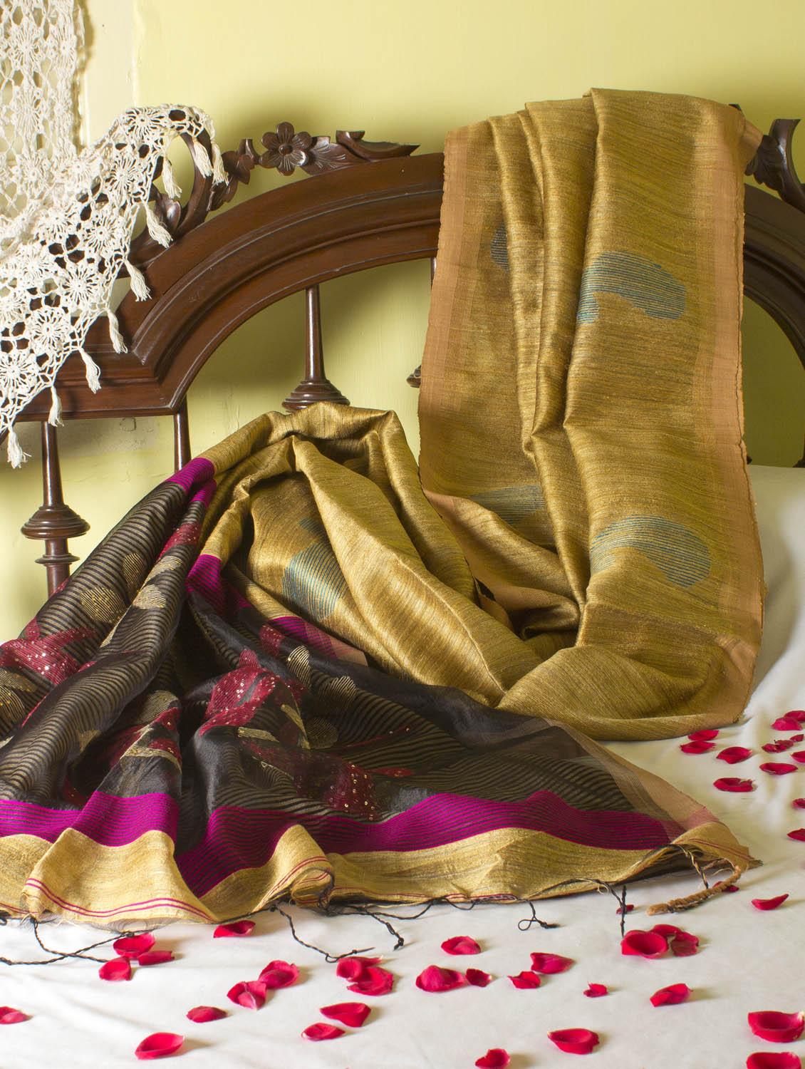 Gold And Black Saree With Sequined Aanchal - Cotton Koleksi