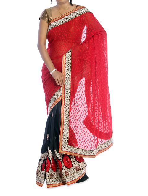 Red And Grey Saree With White Border - Suchi Fashion