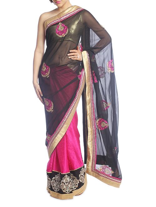 Pink And Black Saree With Gold Border - Suchi Fashion