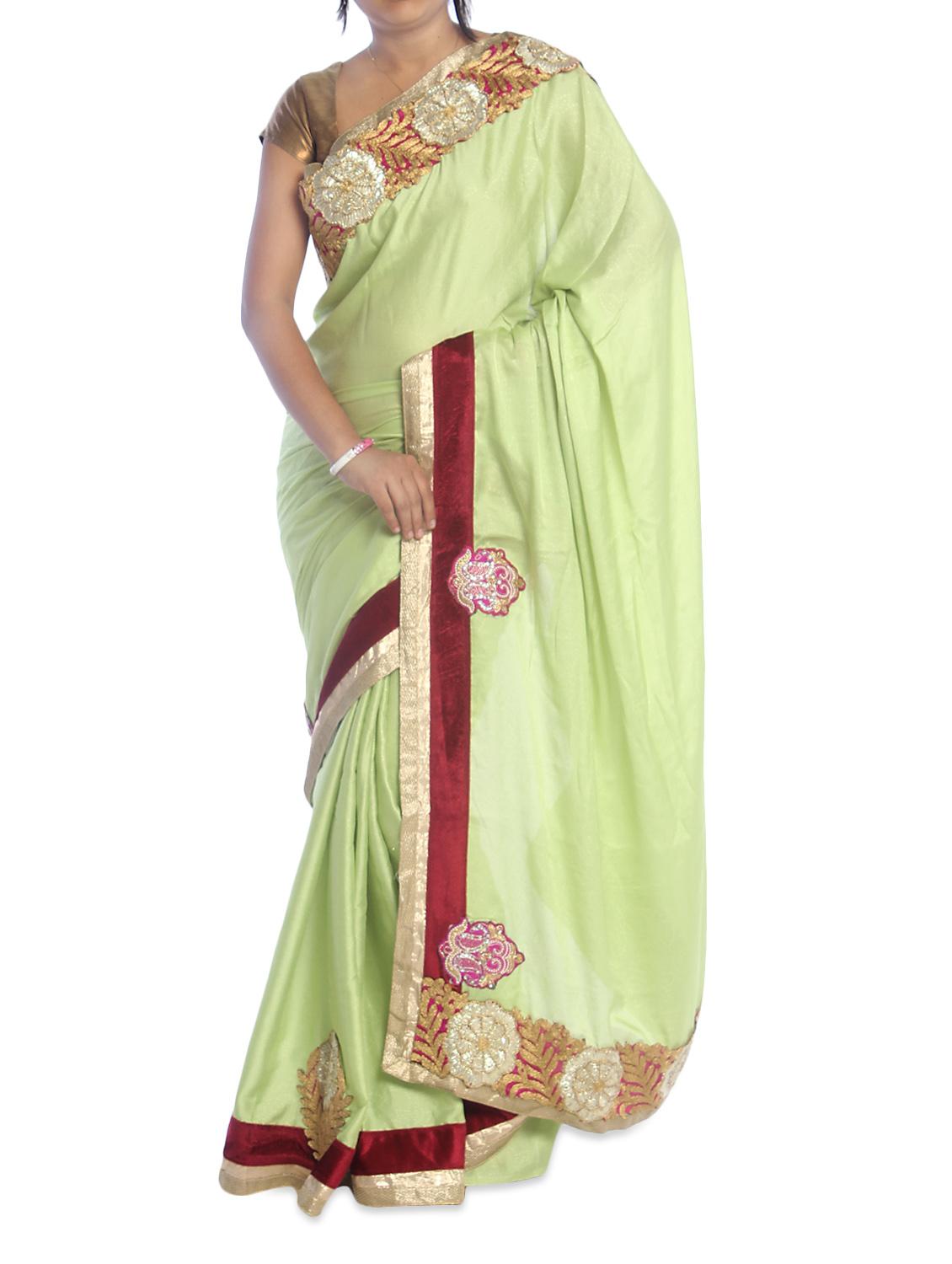 Pista Green Saree With Maroon Border - Suchi Fashion