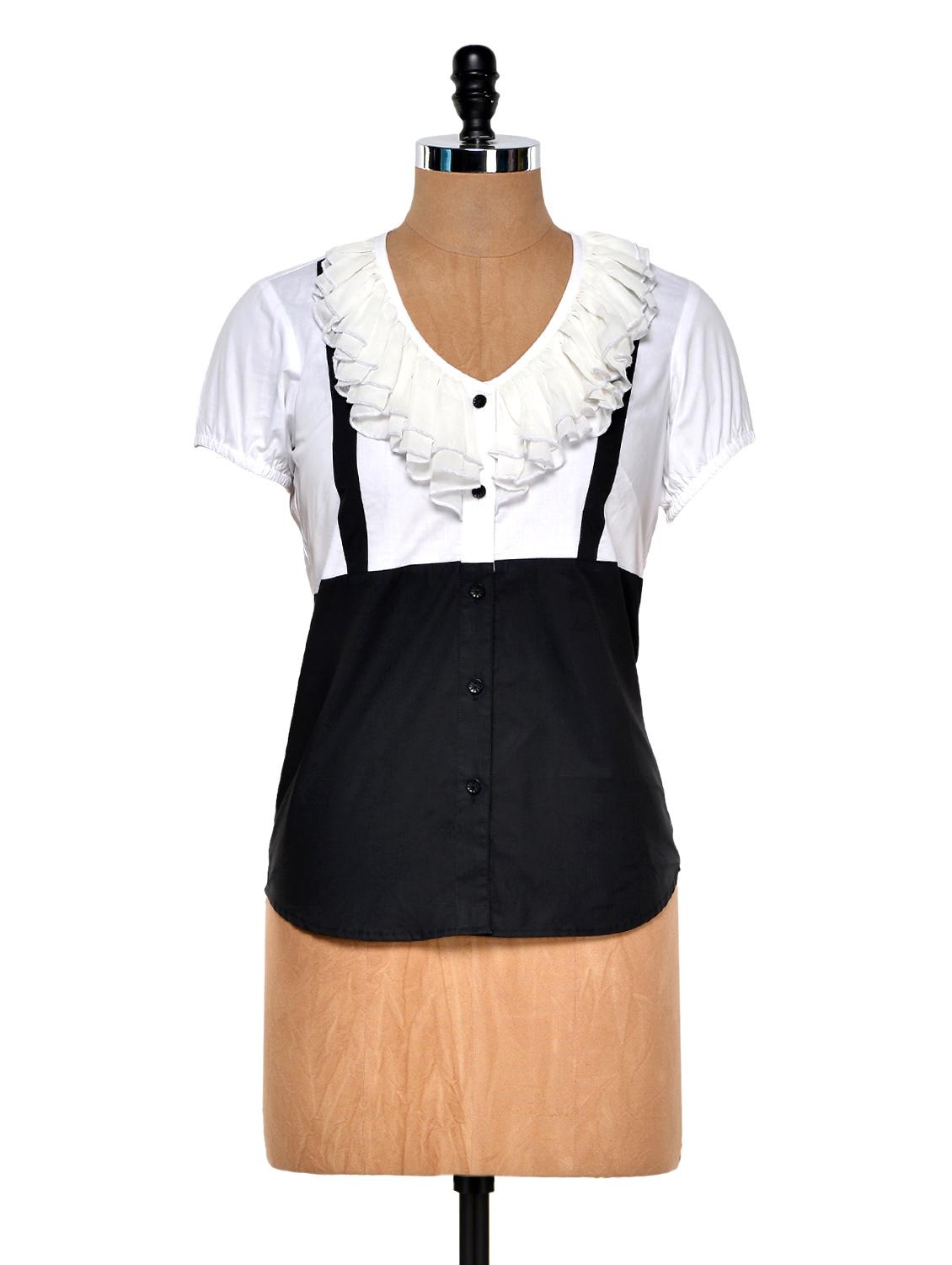 Black And White Frill Shirt - DAZZIO